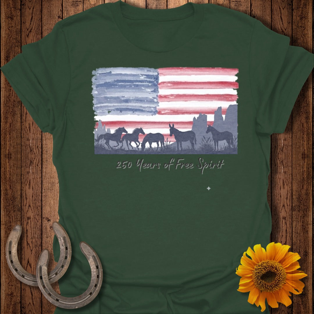 Green t-shirt with US flag, horses, and "250 Years of Free Spirit" text.