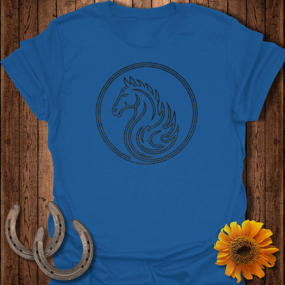 Blue t-shirt with circular horse and flame graphic, two horseshoes, and sunflower.