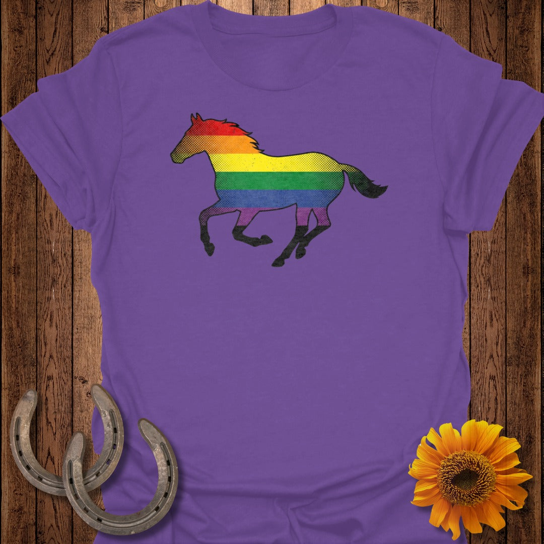 Rainbow Colored Horse Graphic on Purple T-Shirt