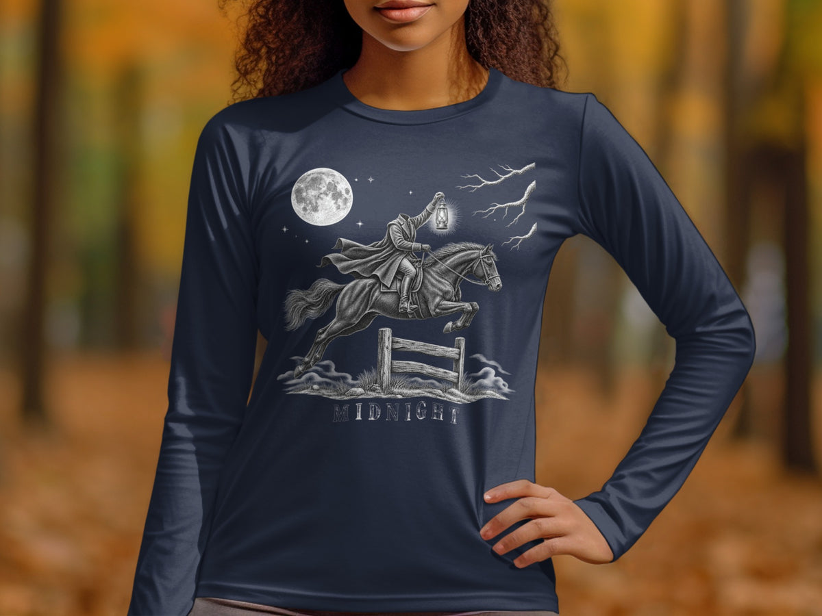 Headless horseman with lantern rides a horse over a fence under a full moon, text MIDNIGHT.