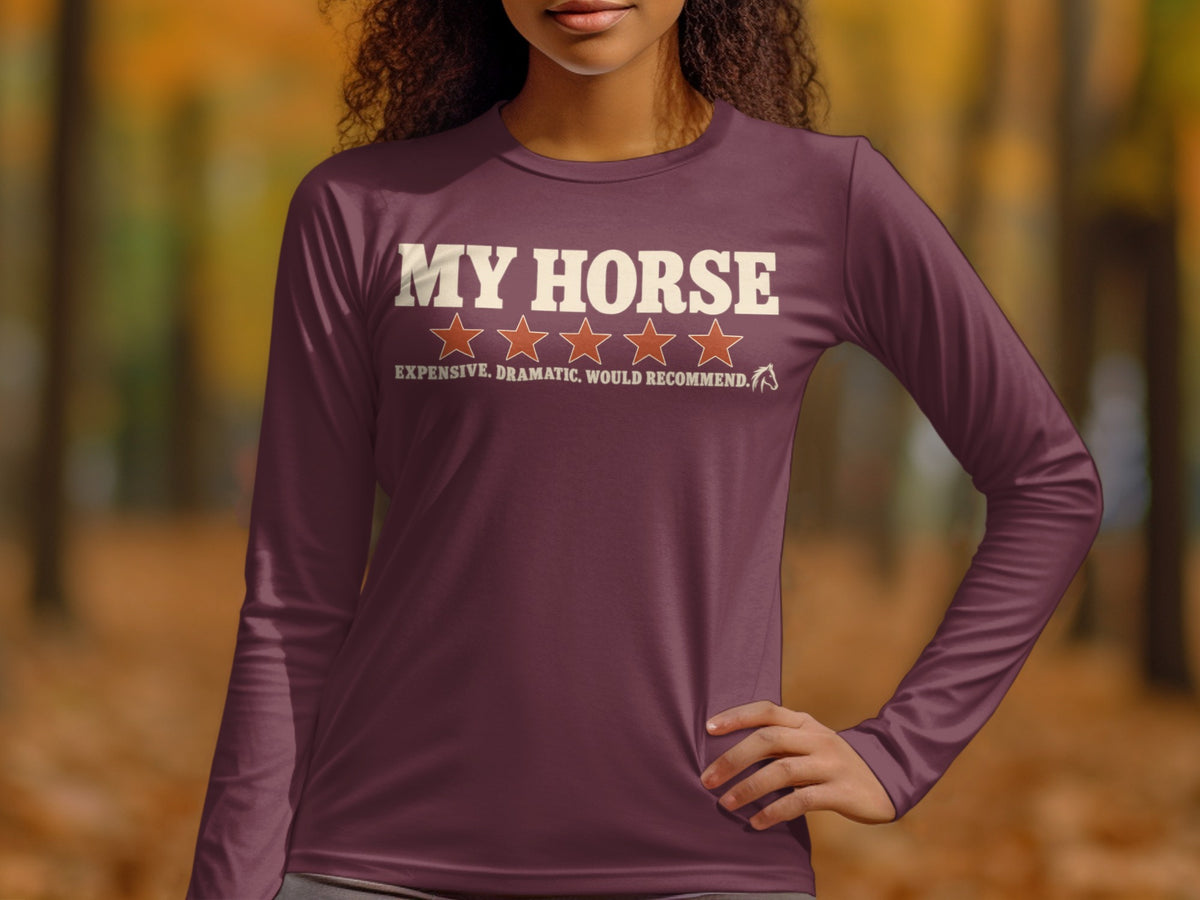 Long sleeve t-shirt with "MY HORSE" and five star rating.