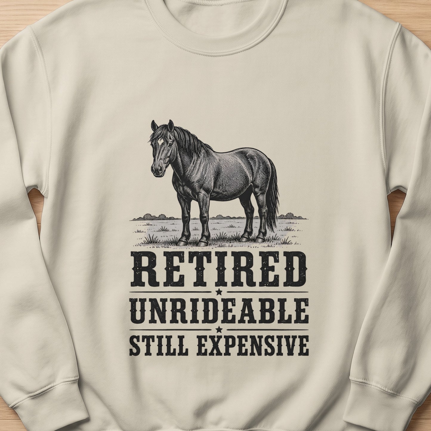 Light-colored sweatshirt with a black line drawing of a horse and text.