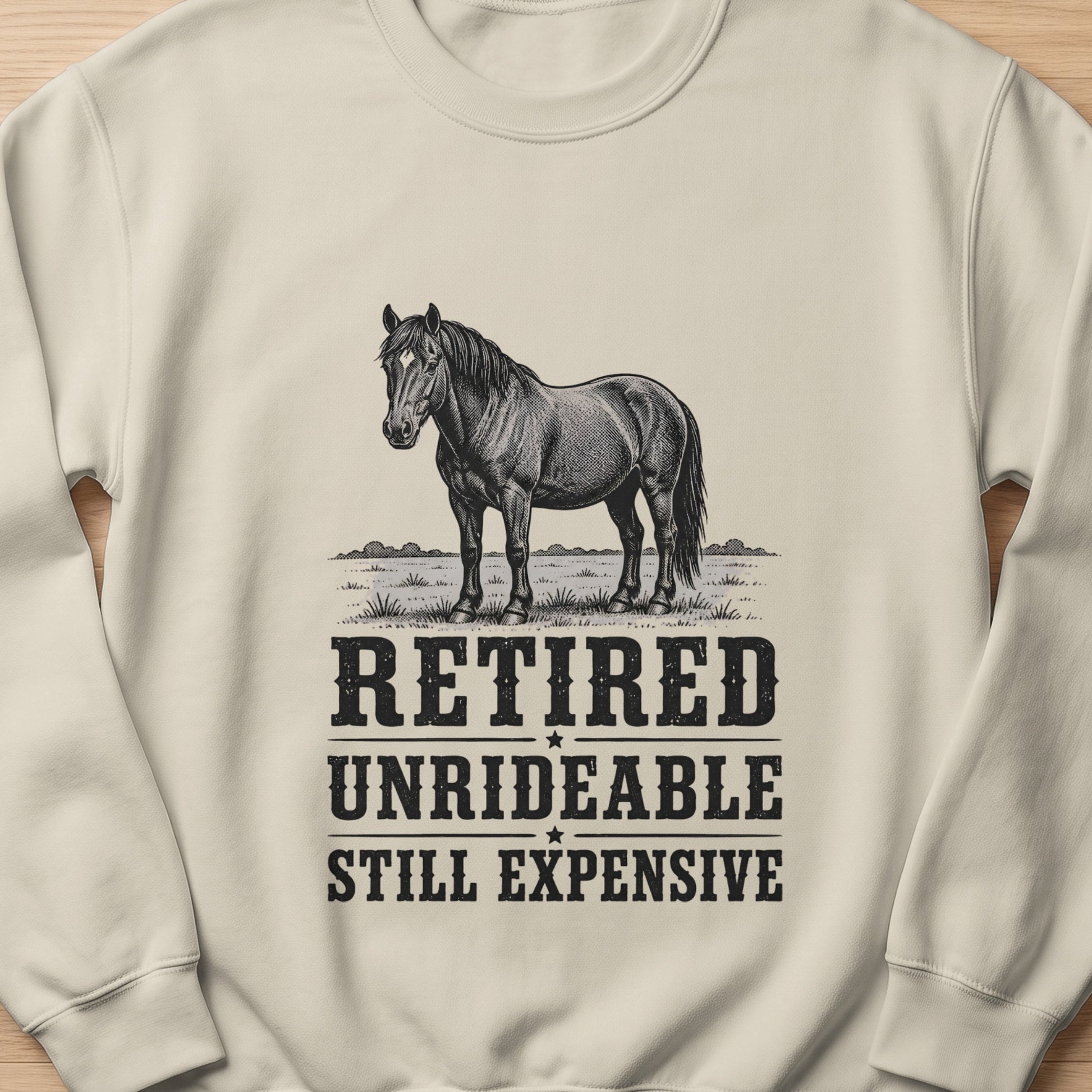 Light-colored sweatshirt with a black line drawing of a horse and text.