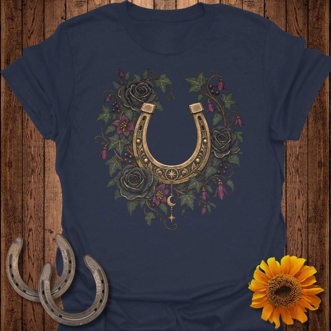 Dark blue t-shirt with golden horseshoe, black roses, and crescent moon design.