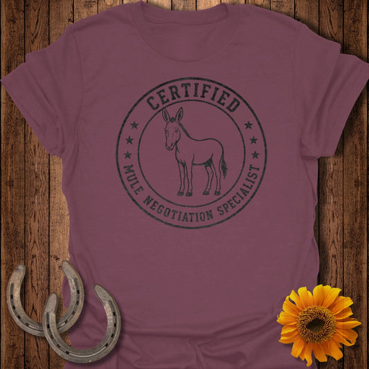 T-shirt with a mule graphic and text "Certified Mule Negotiation Specialist."