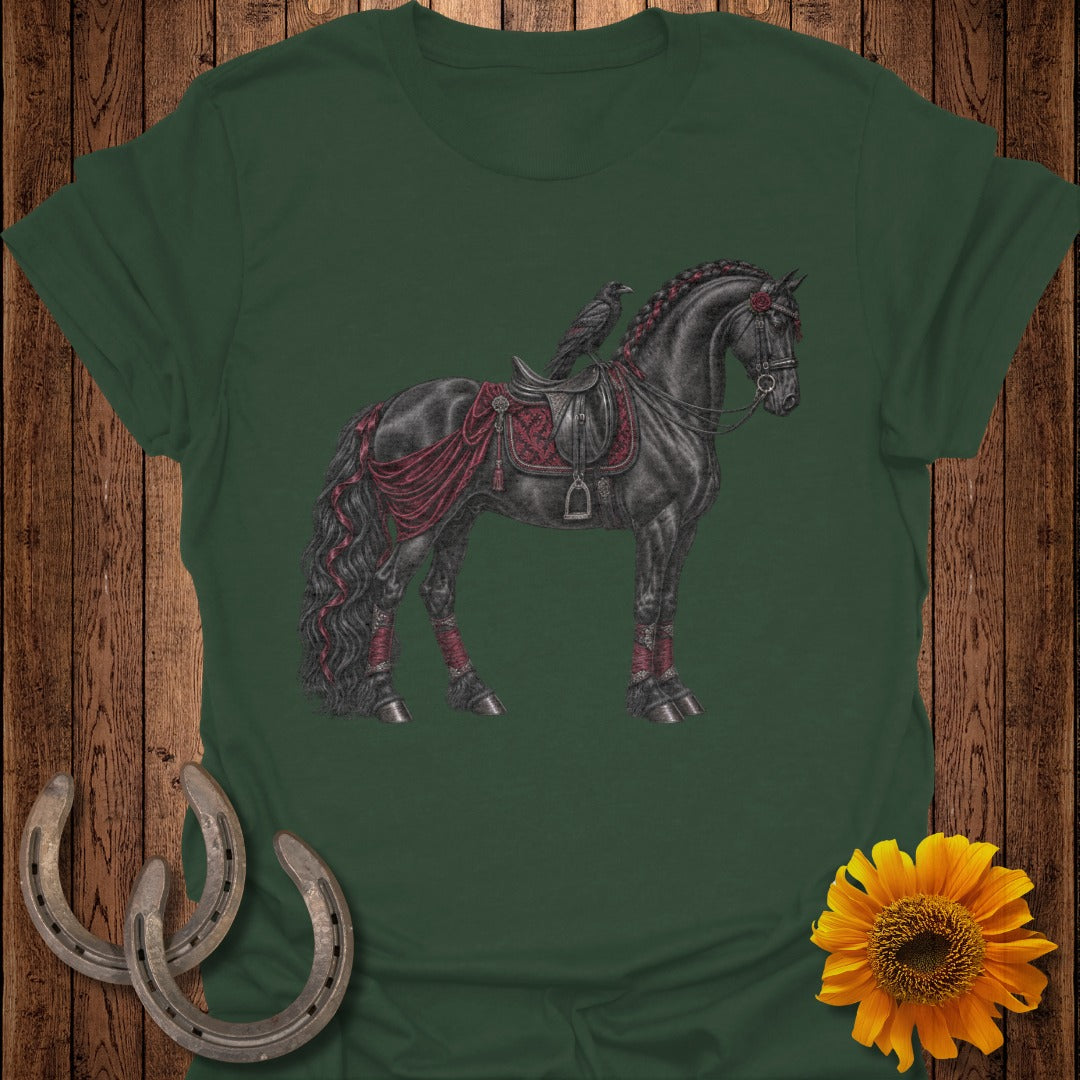 Black horse with ornate saddle, adorned with red fabric and a raven on its back.