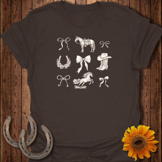 Collection of equestrian and Western-themed line drawings on a brown t-shirt.