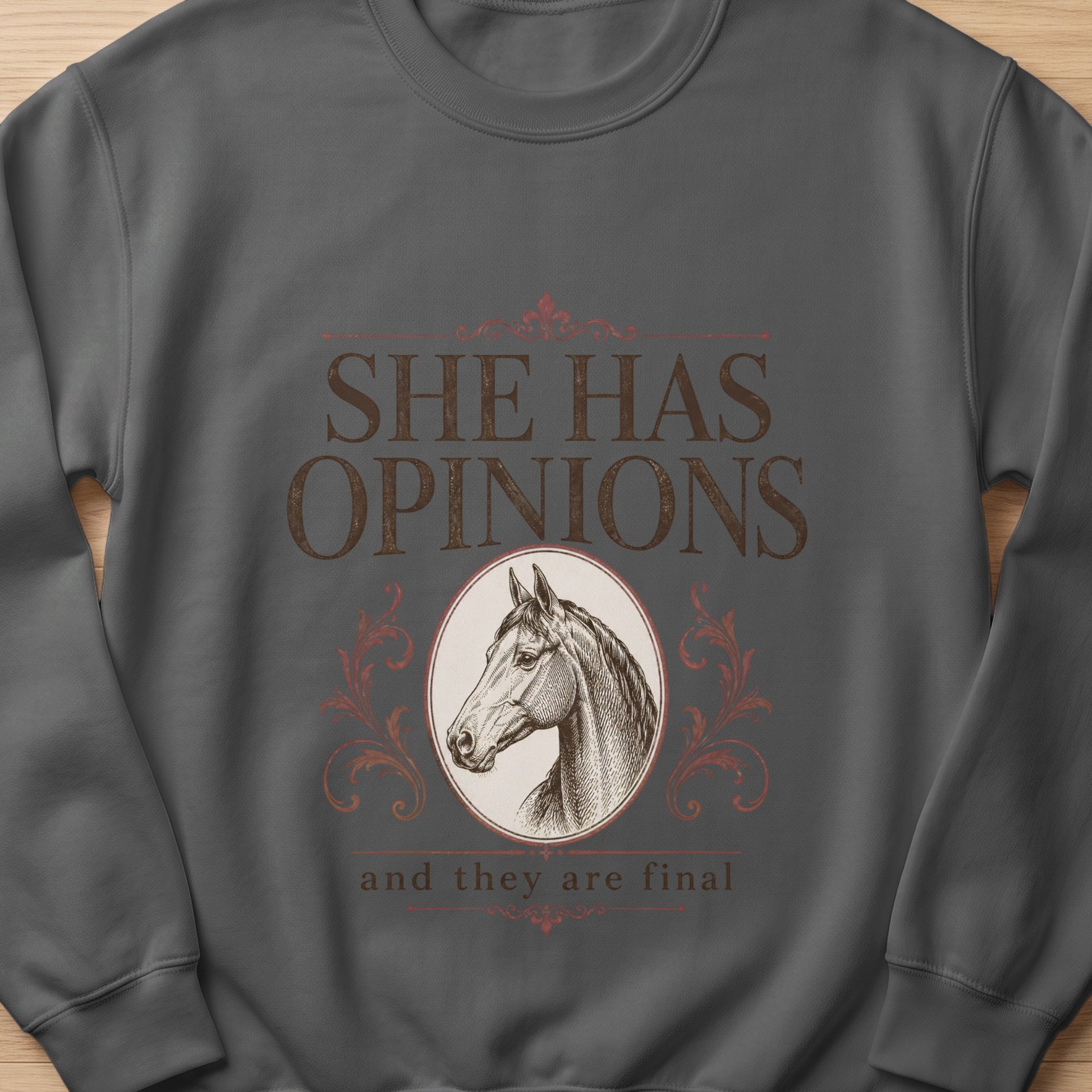 Dark gray sweatshirt with a horse head illustration and text "SHE HAS OPINIONS and they are final."