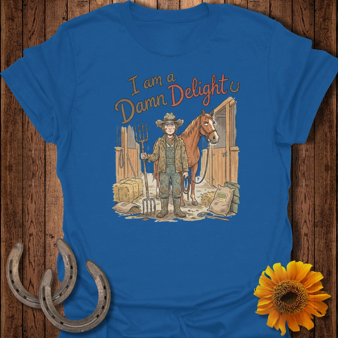 Illustration of a woman holding a pitchfork in a barn with a horse.