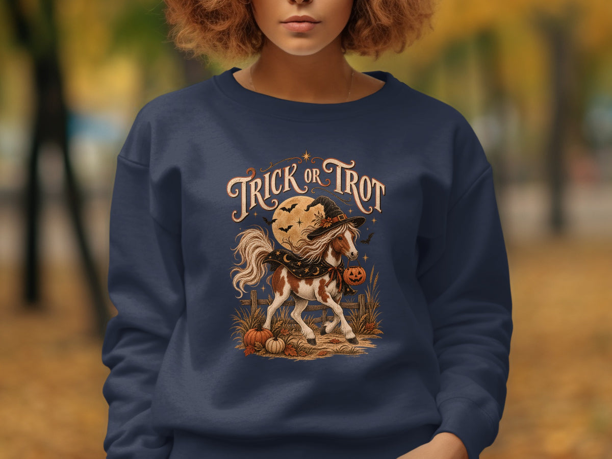 Navy sweatshirt with "Trick or Trot" Halloween graphic of a horse with pumpkins and bats.