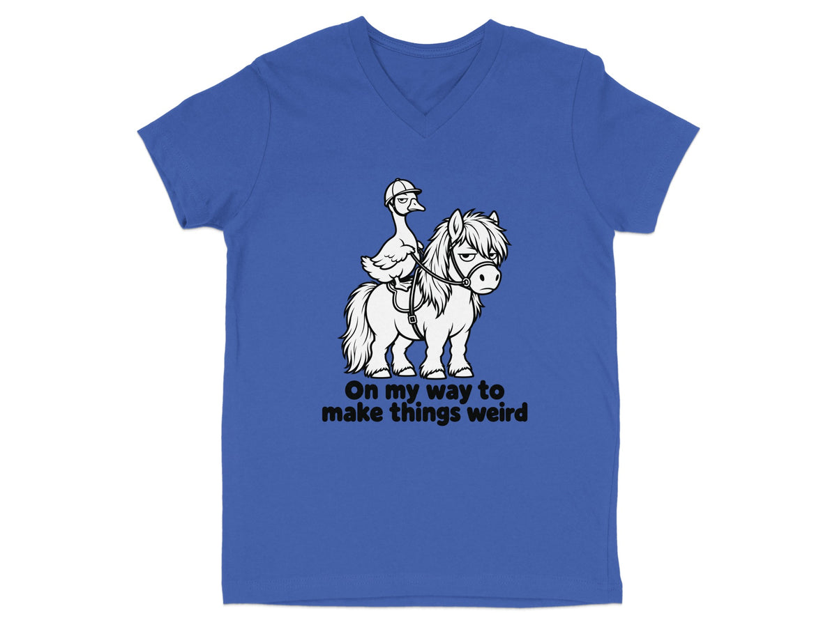 Illustration of a duck riding a pony with the text "On my way to make things weird."