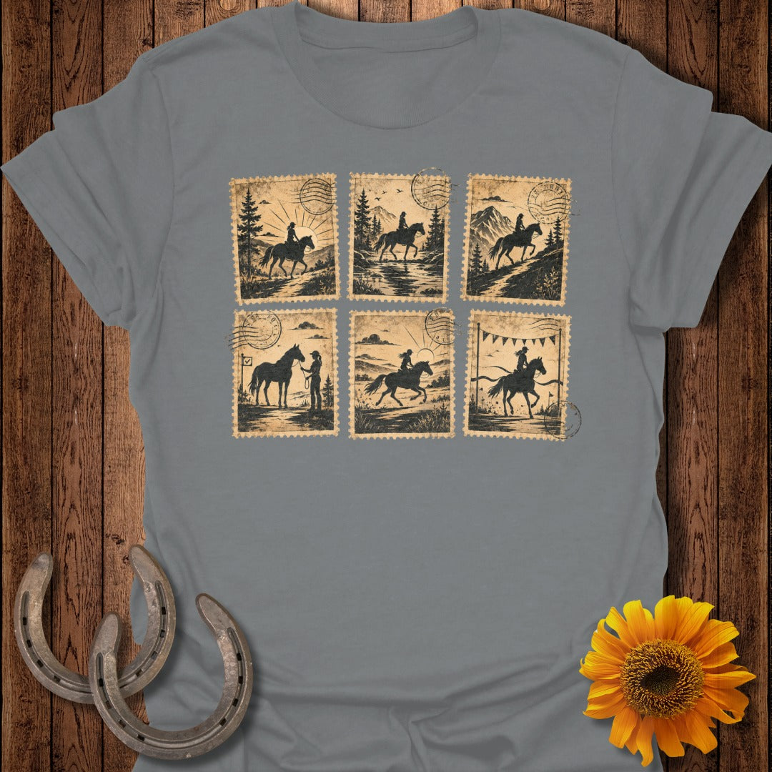 Six vintage-style postage stamps featuring horses and riders in scenic landscapes.