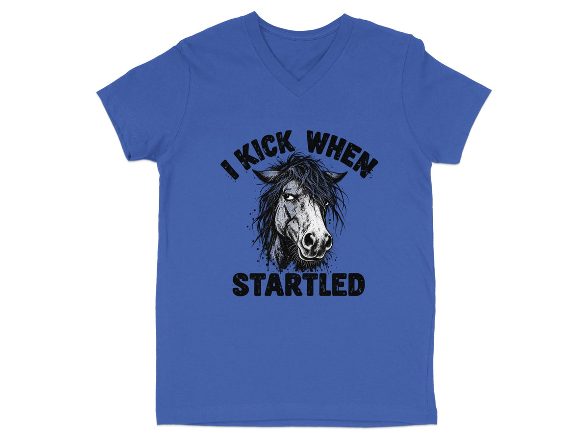 Blue v-neck t-shirt with a distressed horse graphic and text.