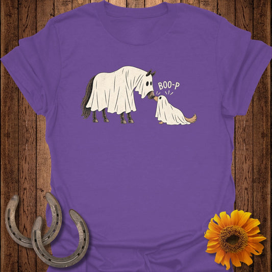 Horse and dog wearing ghost costumes with "BOO-P" text.