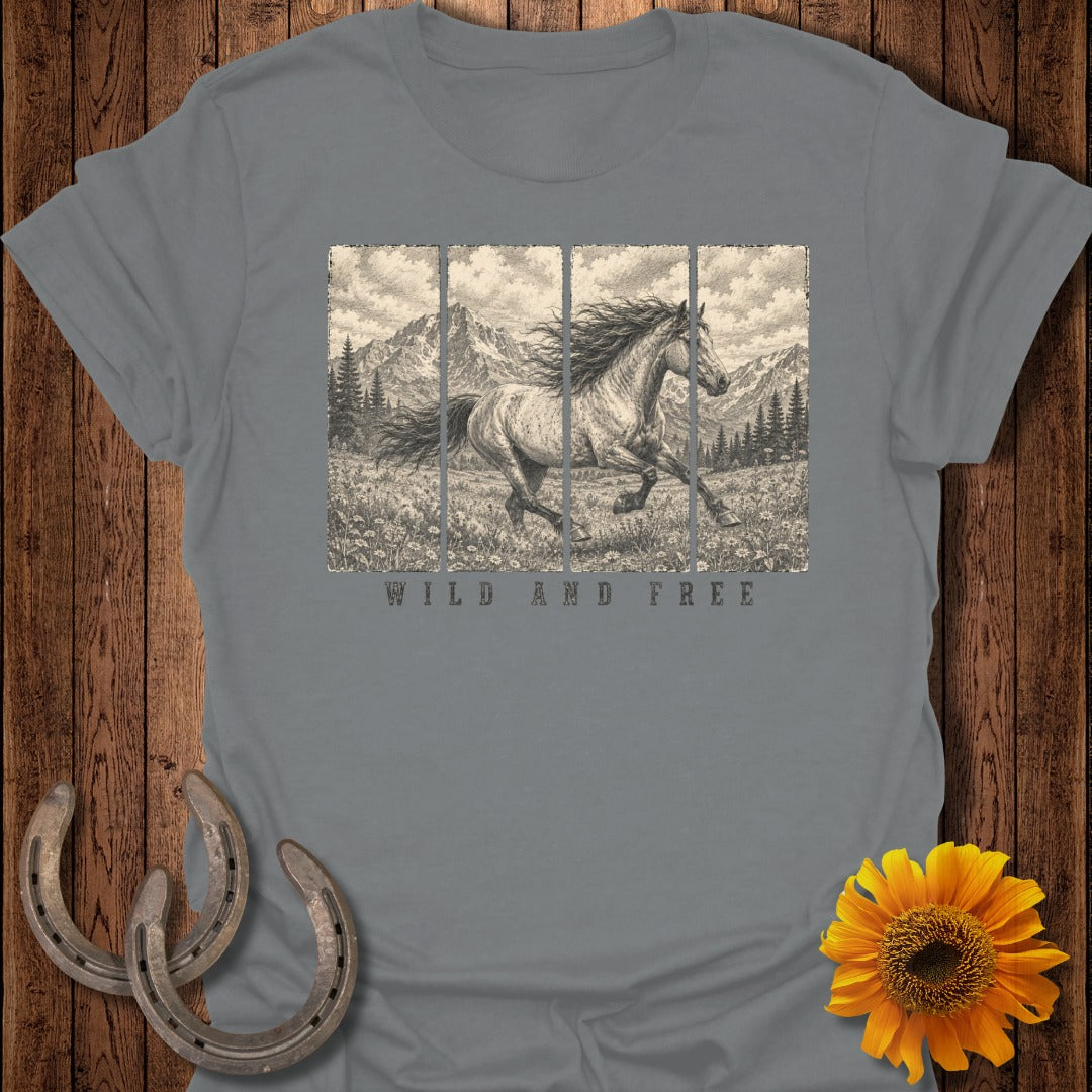 Grey t-shirt with a black and white drawing of a running horse in a field.
