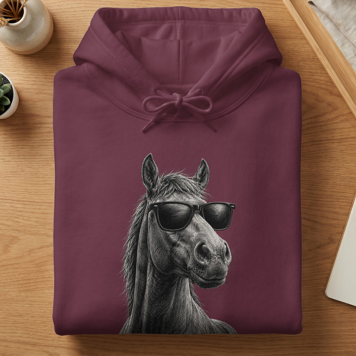 Maroon hoodie with a black and white graphic of a horse wearing sunglasses.