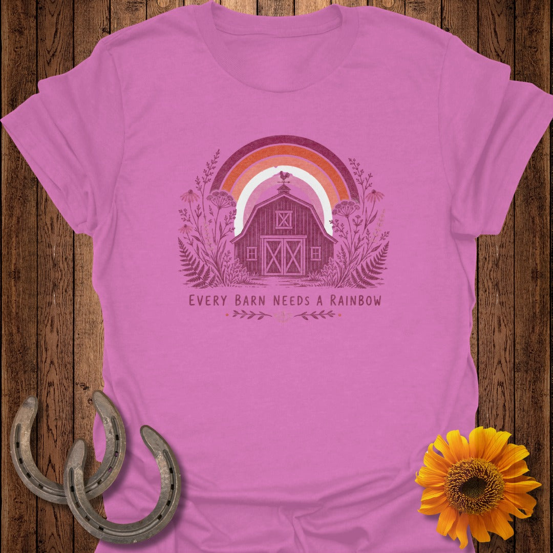 Pink t-shirt with a barn, rainbow, rooster, and flowers.