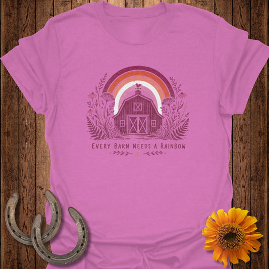 Pink t-shirt with a barn, rainbow, rooster, and flowers.