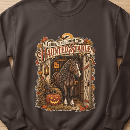 Horse in a stable with Halloween decorations and "Greetings From The Haunted Stable" text.