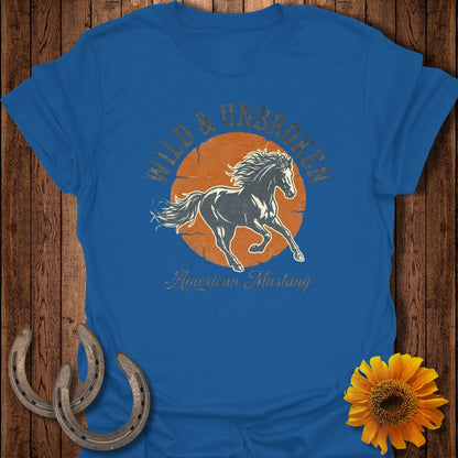 Blue t-shirt with wild & unbroken American Mustang graphic.