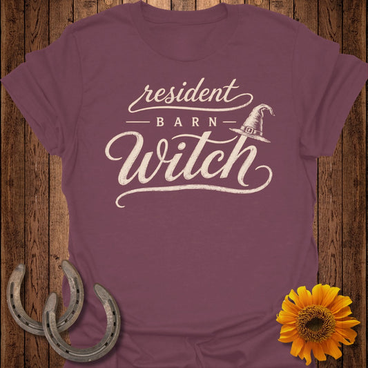Maroon t-shirt with "resident barn witch" text and witch hat graphic.