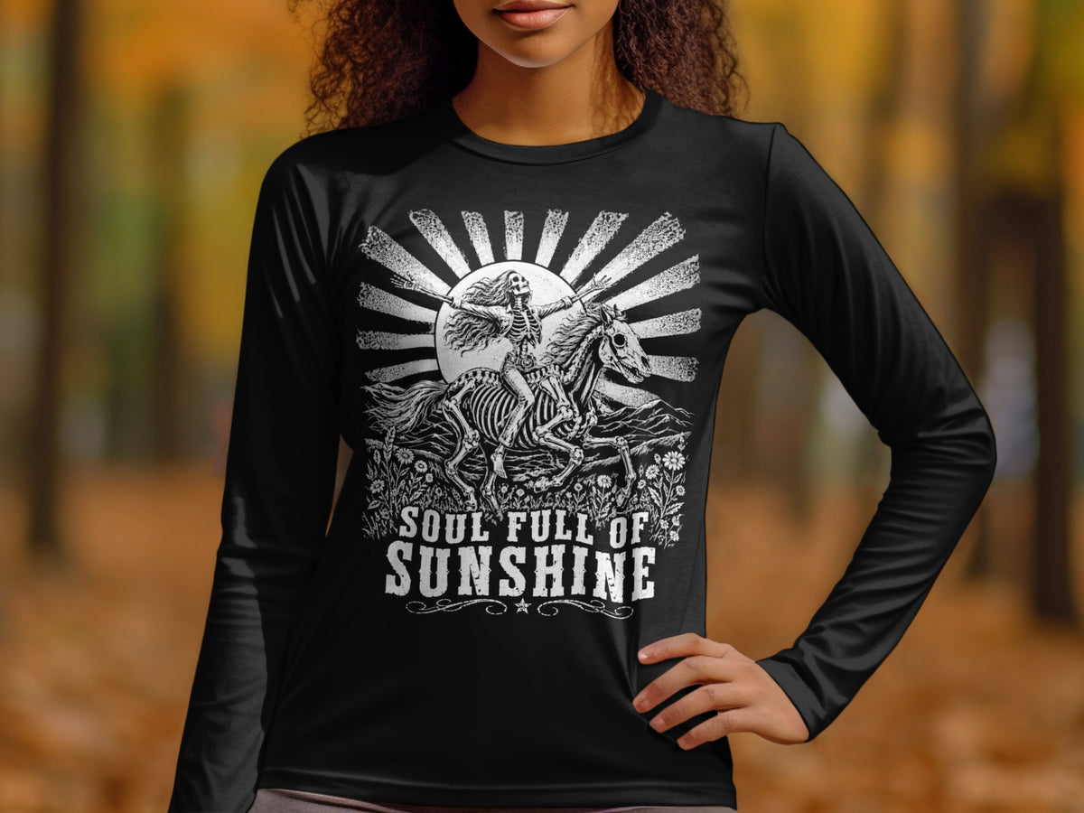Skeleton riding a horse with "Soul Full of Sunshine" text.