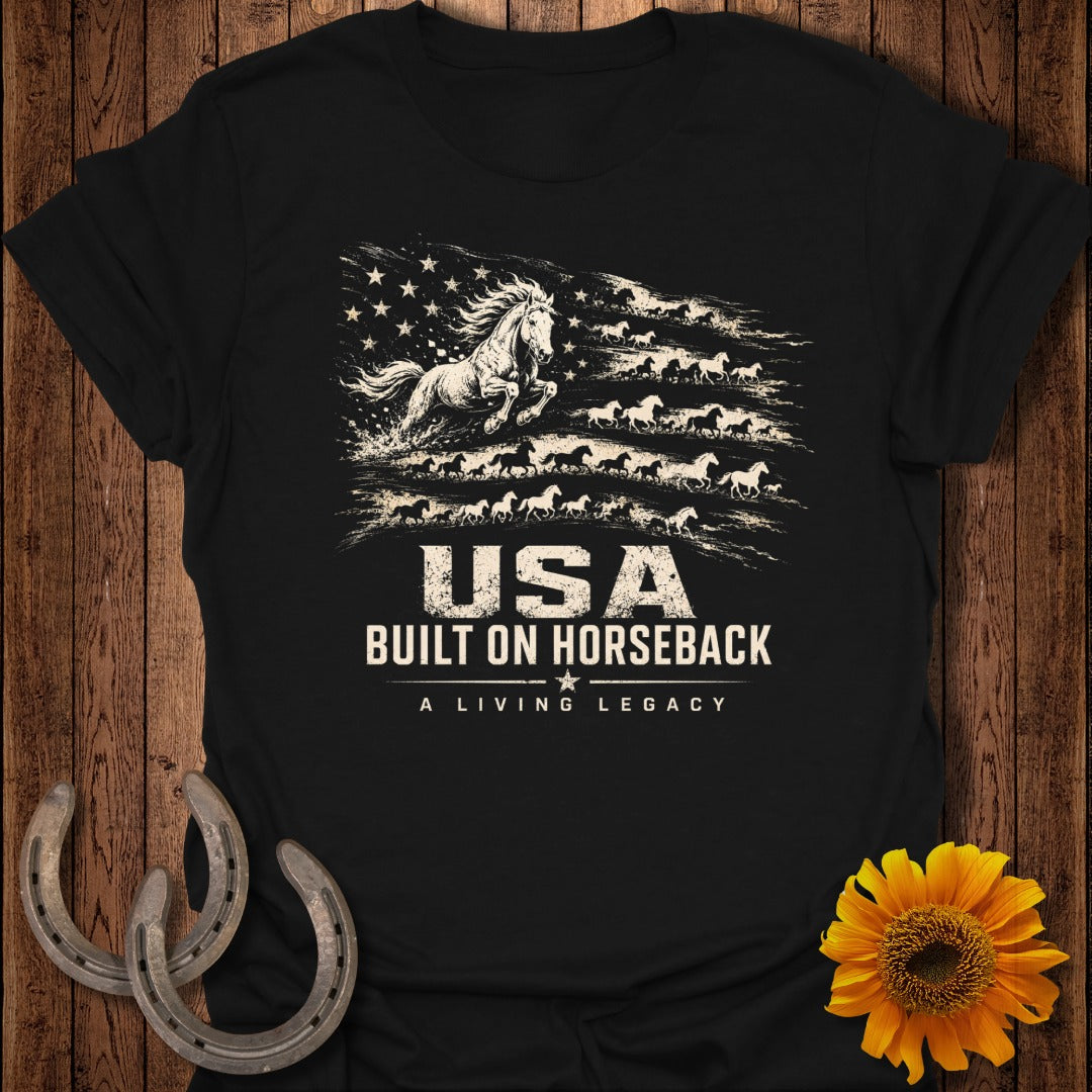 Black t-shirt with American flag design made of horses, text "USA Built On Horseback".