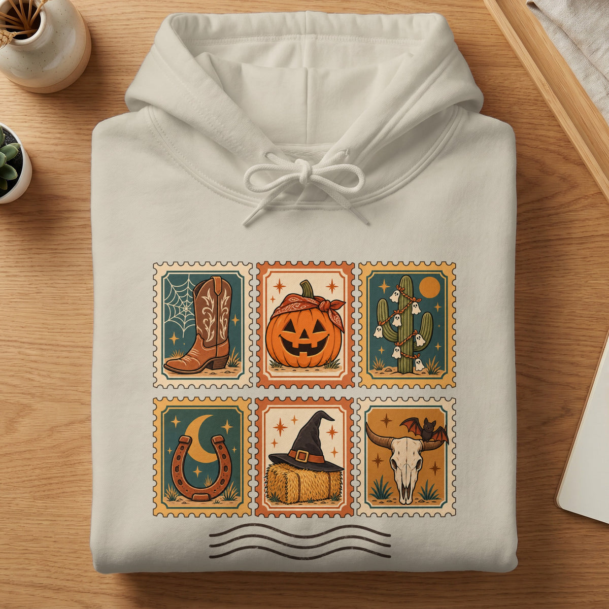 Cream hoodie with six stamp designs featuring Halloween and Western themes.
