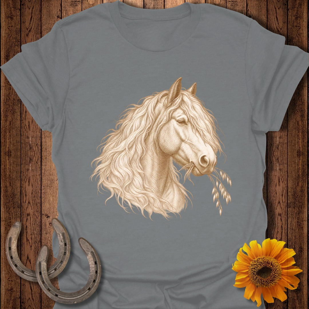 Grey t-shirt with detailed illustration of a horse eating wheat, two horseshoes, and a sunflower.
