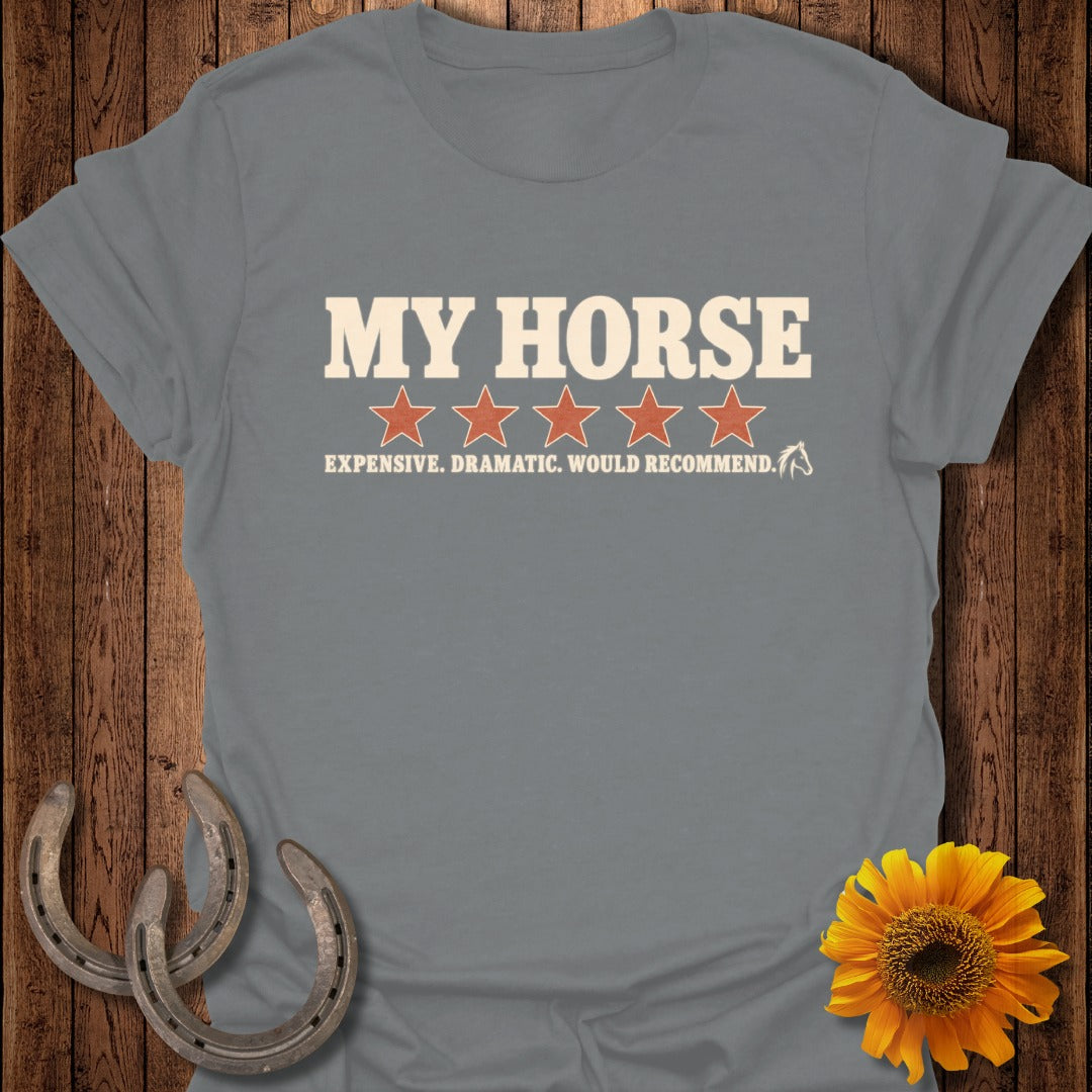 Gray t-shirt featuring the text "MY HORSE, EXPENSIVE. DRAMATIC. WOULD RECOMMEND." with five stars.