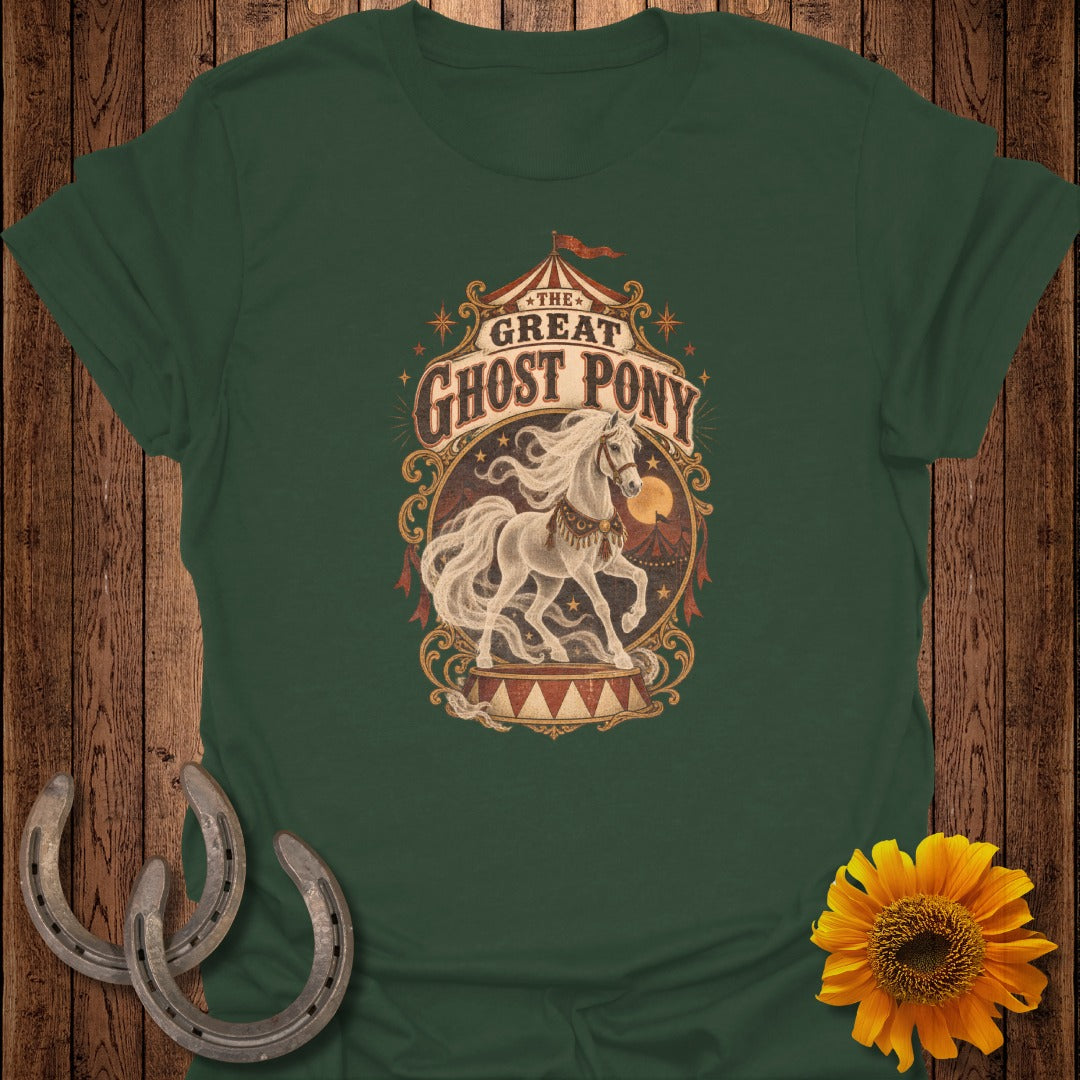 Green t-shirt with "The Great Ghost Pony" circus-themed design featuring a white horse.