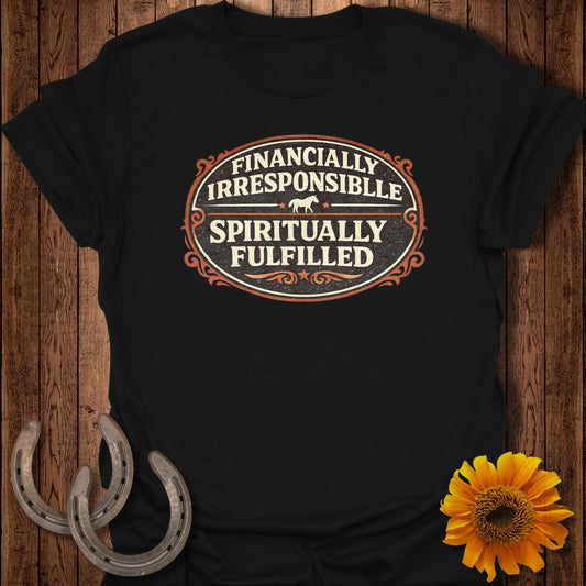 Black t-shirt with text "Financially Irresponsible Spiritually Fulfilled" and horse icon.