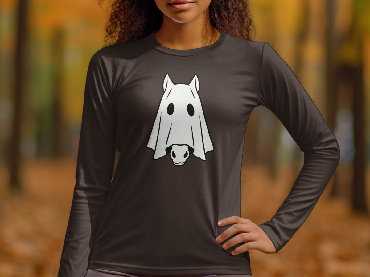 Long sleeve shirt with a ghost horse design on the front.