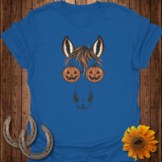Blue t-shirt with horse face graphic featuring pumpkin glasses for Halloween.