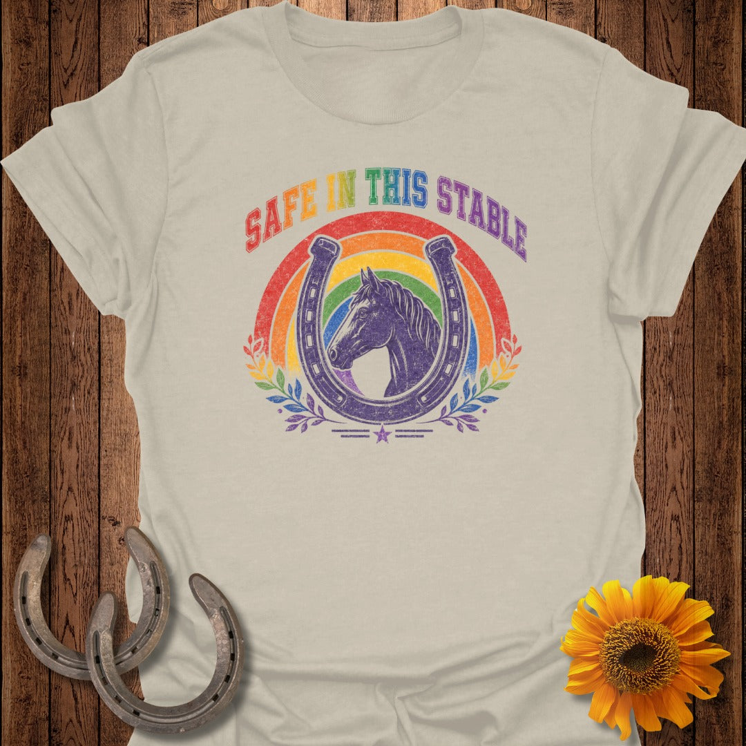 Horse and rainbow horseshoe graphic with text "SAFE IN THIS STABLE".