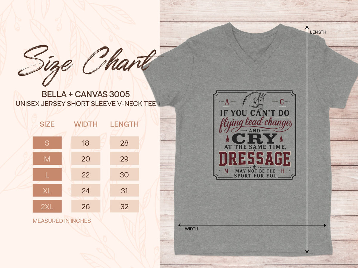 Grey v-neck tee with "Dressage" graphic and size chart.