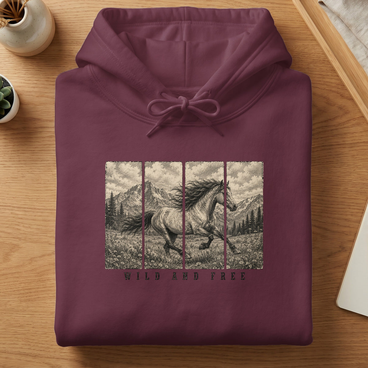 Maroon hoodie with a split panel graphic of a running horse in a mountain landscape and the words WILD AND FREE.