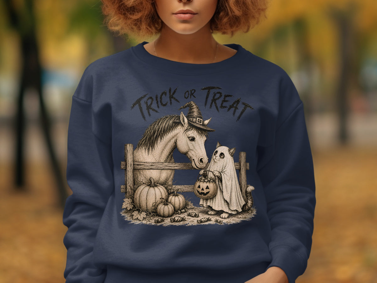 Horse and cat in ghost costume with pumpkins, candy, and text "TRICK OR TREAT".