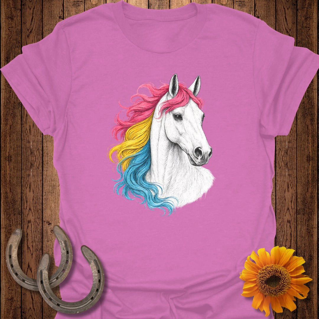 White horse with rainbow mane on pink t-shirt.