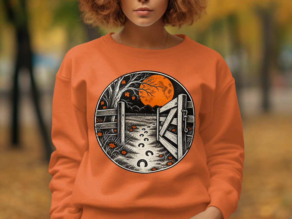 Circular graphic on orange sweatshirt showing a gate, moon, tree, and horseshoe path.