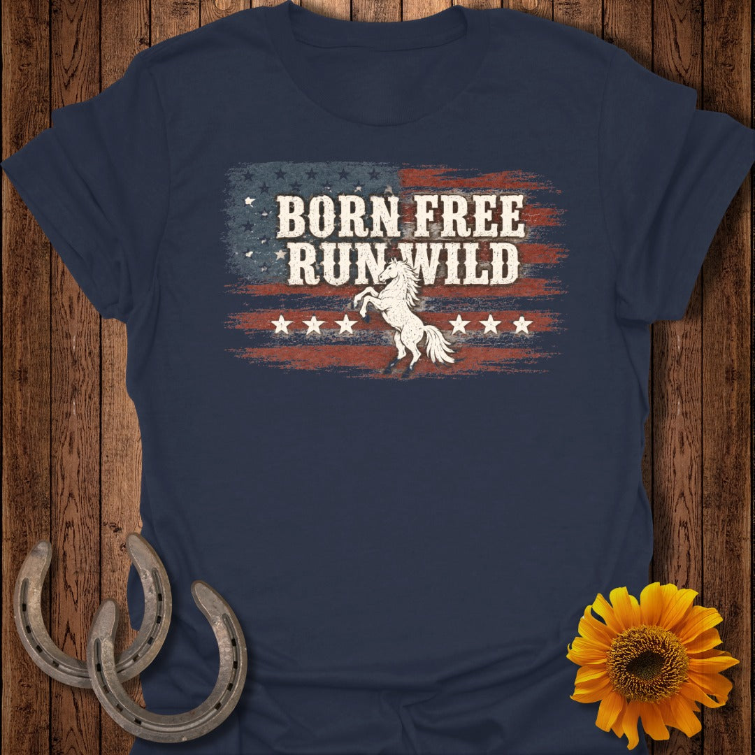 Navy t-shirt with "Born Free Run Wild" text and rearing white horse on distressed American flag.