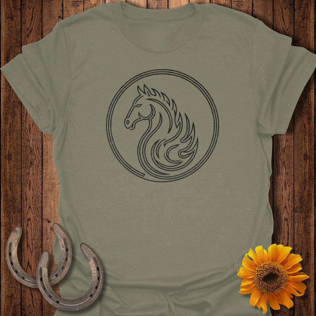 T-shirt with a dark circular horse head logo and rustic background elements.