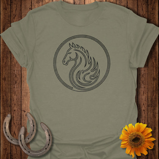 T-shirt with a dark circular horse head logo and rustic background elements.