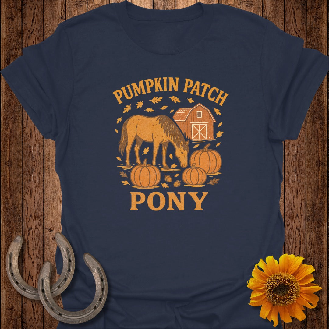Navy t-shirt with "Pumpkin Patch Pony" text, horse, barn, and pumpkins graphic.