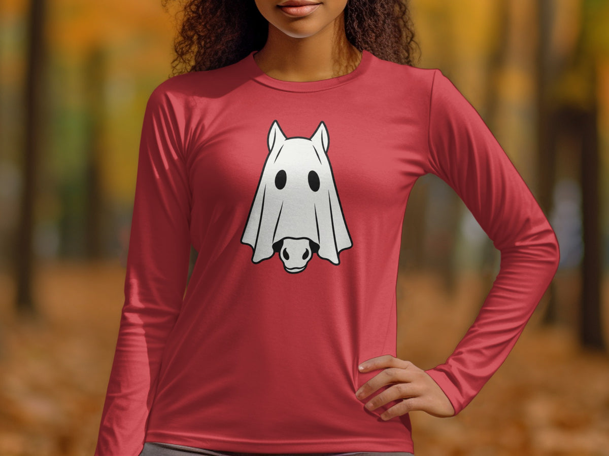 Red long-sleeve t-shirt with a white ghost horse graphic on the chest.