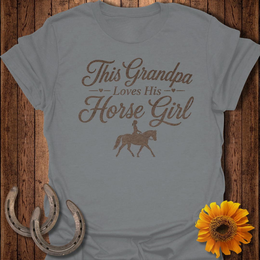 Grey t-shirt with "This Grandpa Loves His Horse Girl" text and equestrian graphic.
