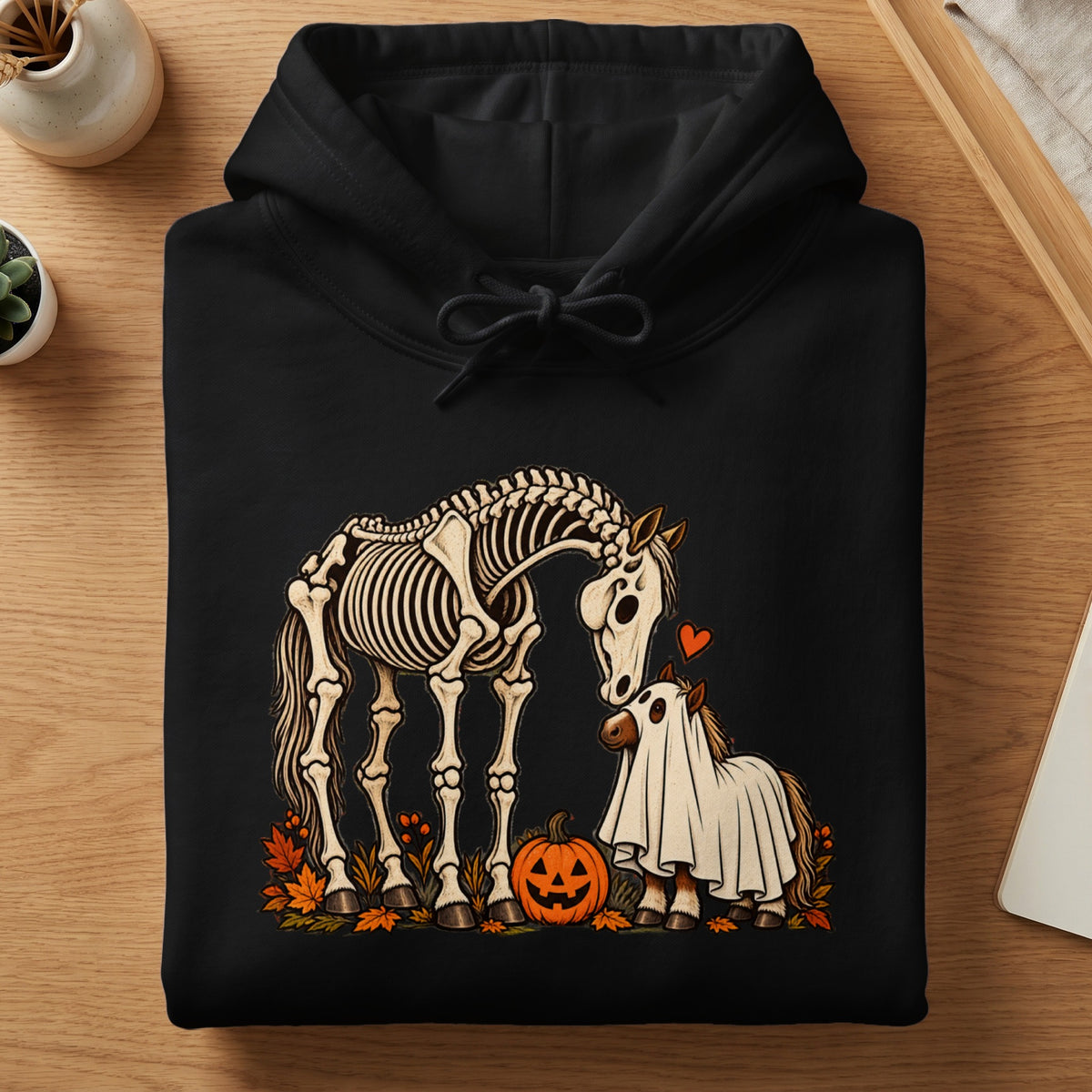 Skeleton horse with a baby horse in a ghost costume and pumpkin.