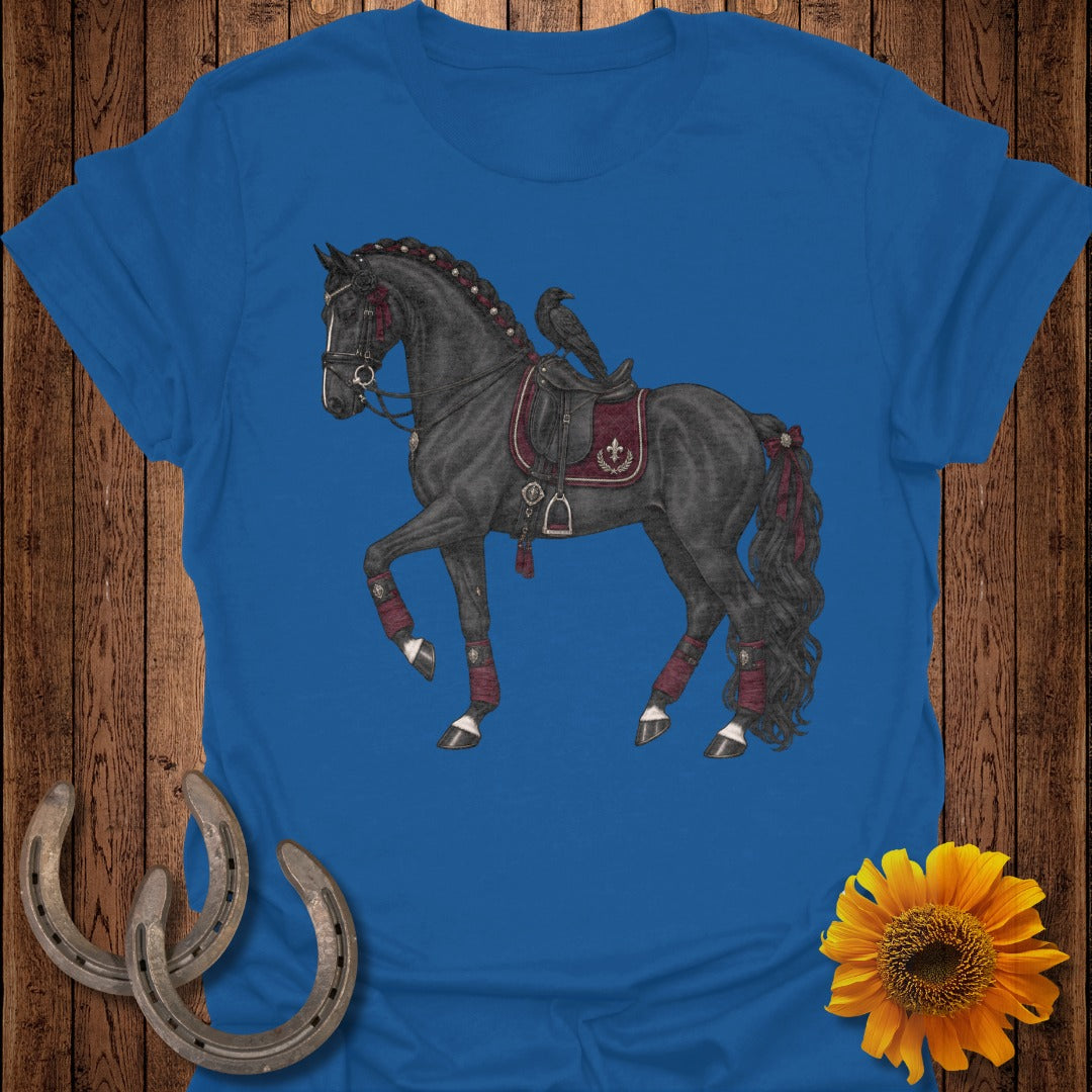 Black horse with a raven on its saddle, adorned with red ribbons.
