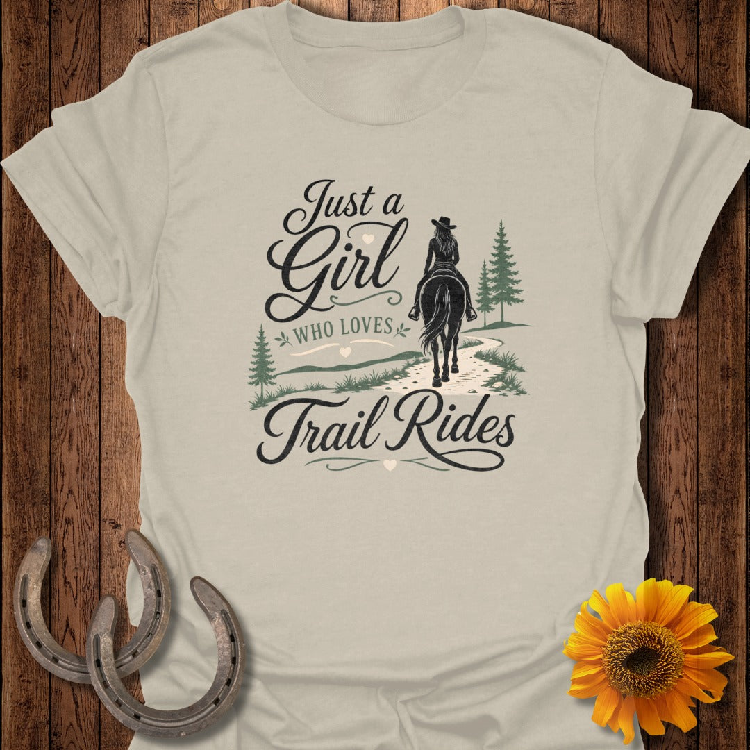 Graphic tee with "Just a Girl Who Loves Trail Rides" and a rider on horseback.