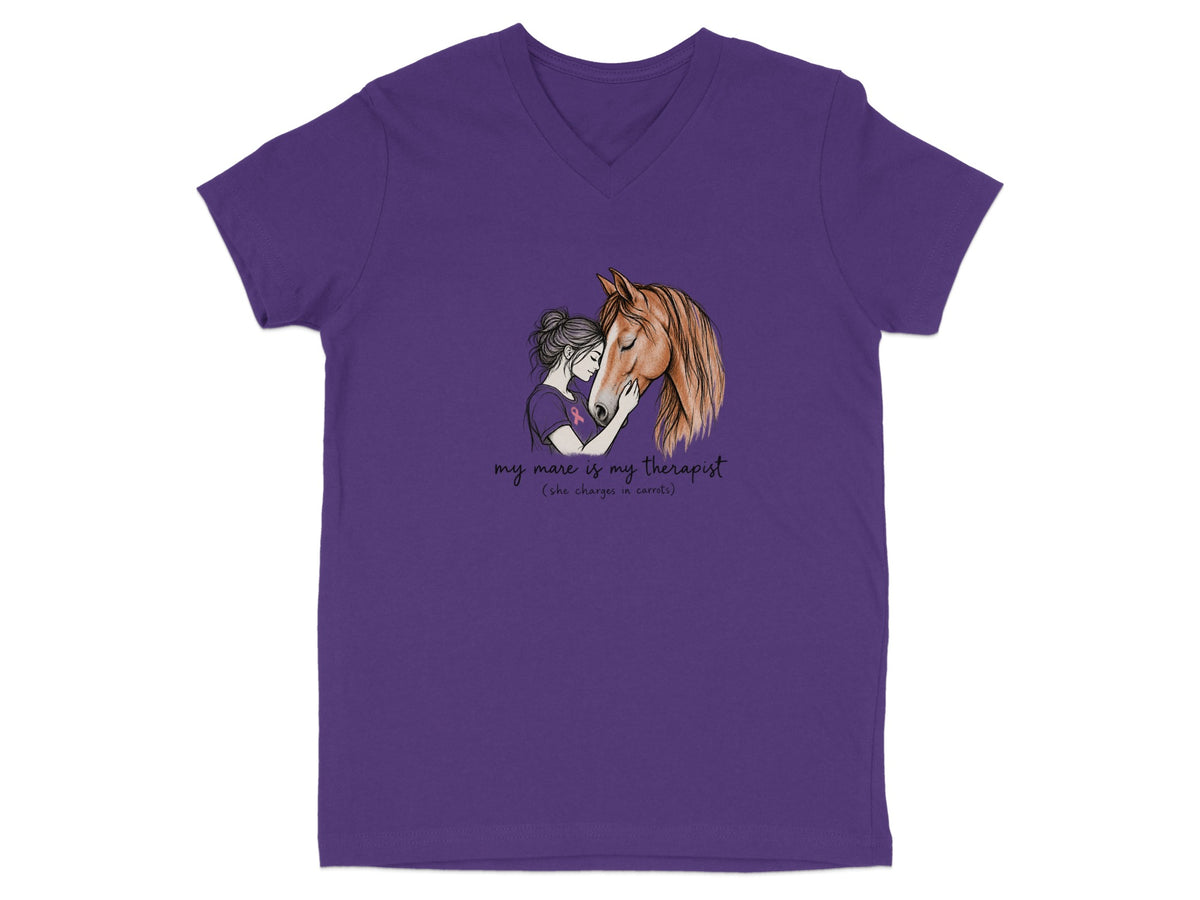 Illustration of a girl hugging a horse, with text "my mare is my therapist" and "she charges in carrots".